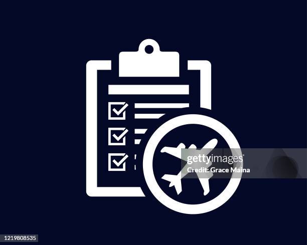 document list with tick check marks on clipboard with a jet airplane for flying - vector - jet stock illustrations
