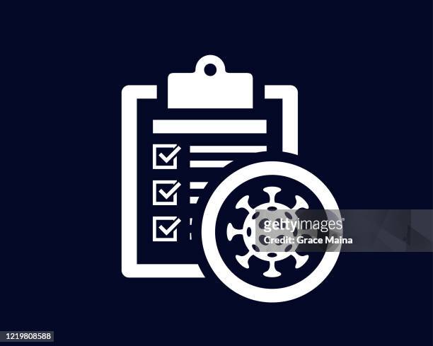 document list with tick check marks on clipboard with a virus organism - vector - virus organism stock illustrations