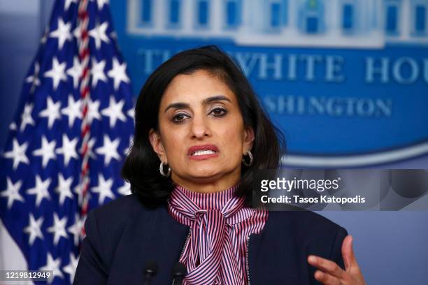 Seema Verma, administrator of the Centers for Medicare and Medicaid Services, speaks at the daily coronavirus briefing at the White House on April...
