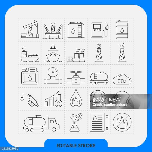 power und heavy industry line icon set. bearbeitbarer strich - ölindustrie stock-grafiken, -clipart, -cartoons und -symbole