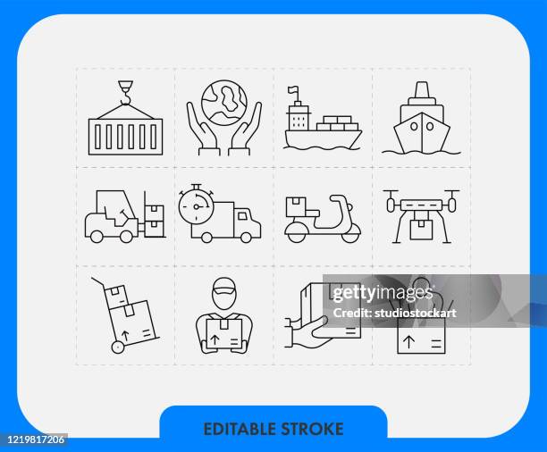 logistic icon set. editable stroke - drone package stock illustrations