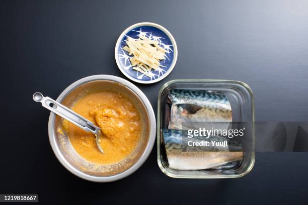 japanese home cooking, mackerel miso recipe - miso sauce stock pictures, royalty-free photos & images