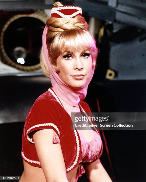 Barbara Eden, US actress, in costume in a publicity portrait for the US television series, 'I Dream of Jeannie', circa 1967. The sitcom starred Eden...