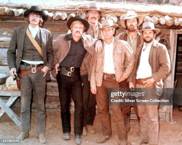 Timothy Scott, US actor, Robert Redford, US actor, Ted Cassidy , US actor, Paul Newman , US actor, Dave Dunlap and Charles Dierkop, US actor, pose...