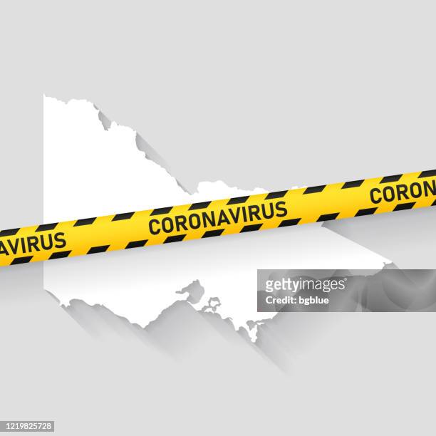 維多利亞地圖與冠狀病毒警告磁帶。科維德-19疫情 - melbourne 幅插畫檔、美工圖案、卡通及圖標
