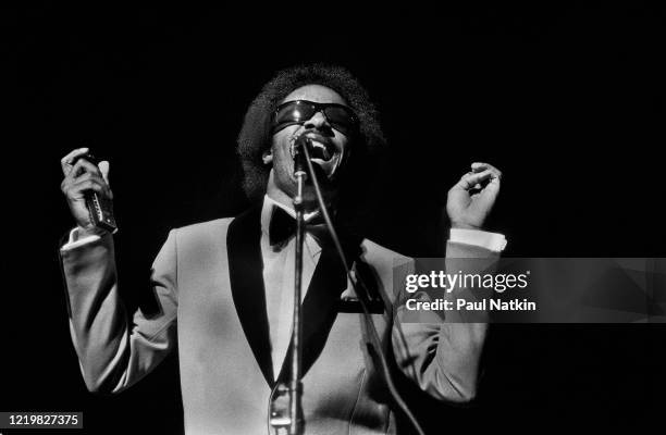 American Soul, R&B, Funk, and Pop musician Stevie Wonder performs onstage at the Auditorium Theater, Chicago, Illinois, November 28, 1979.