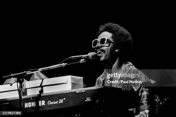 American Soul, R&B, Funk, and Pop musician Stevie Wonder performs onstage at the Auditorium Theater, Chicago, Illinois, November 28, 1979.