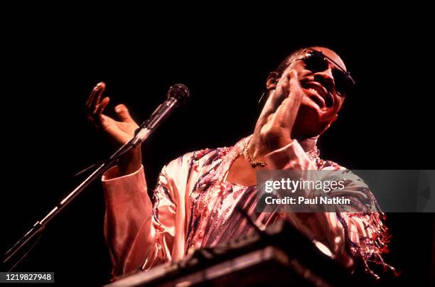 American Soul, R&B, Funk, and Pop musician Stevie Wonder performs onstage at the Rosemont Horizon, Rosemont, Illinois, July 26, 1986.