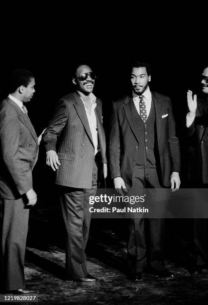 View of American Soul, R&B, Funk, and Pop musician Stevie Wonder and Dexter King onstage during a birthday tribute concert in honor of the latter's...