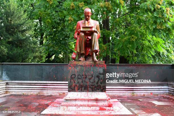View shows a statue of a famous Italian journalist Indro Montanelli on June 14, 2020 in a Milan public square, a day after it was defaced, stained...