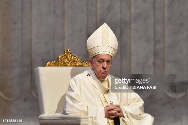 Pope Francis presides over a Holy Mass on the Solemnity of the Most Holy Body and Blood of Christ, on June 14, 2020 at St. Peter's Basilica in The...