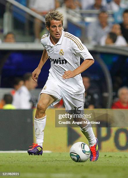 Fabio Coentrao of Real Madrid in action during the Santiago Bernabeu Trophy match between Real Madrid and Galatasaray at Estadio Santiago Bernabeu on...