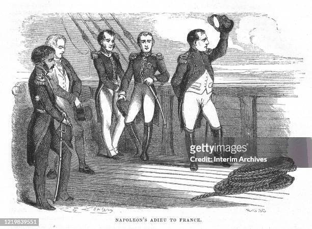 Illustration showing Napoleon Bonaparte waving farewell to France as he stands aboard the British warship HMS Bellerophon, July 23, 1815. Engraving...