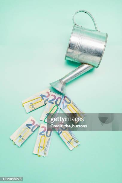 watering can and euro banknotes on turquoise background - giesskanne stock-fotos und bilder