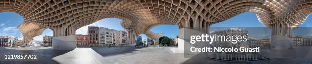 Panoramic 360º View of Metropol Parasol by architect Jurgen Mayer, known as 'Las Setas' during the Coronavirus lockdown in 'Plaza de La Encarnación'...