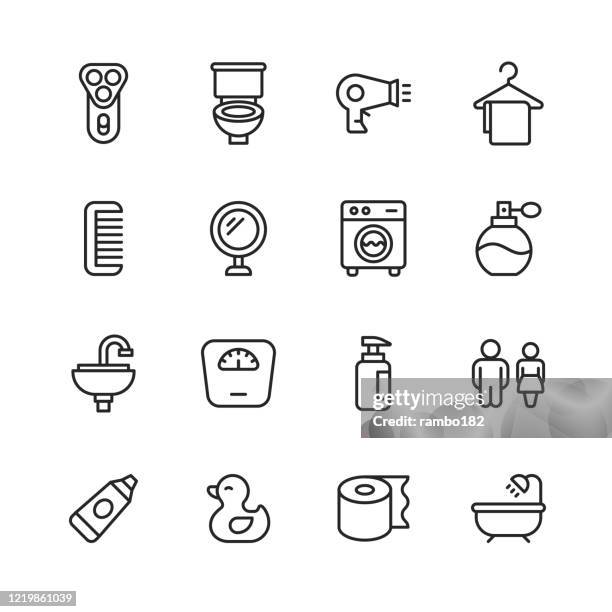 ilustrações de stock, clip art, desenhos animados e ícones de bathroom line icons. editable stroke. pixel perfect. for mobile and web. contains such icons as razor, toilet, hair dyer, towel, hanger, comb, mirror, washing machine, perfume, faucet, sink, weight scale, soap, soap container, toilet paper, bathtub. - taking a bath