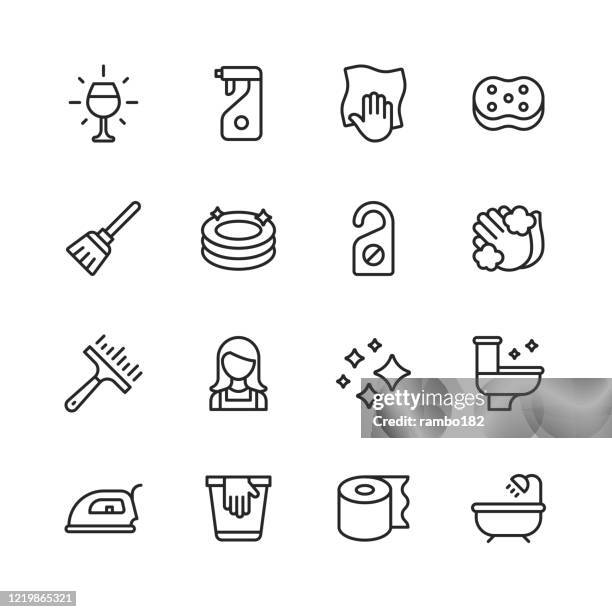 cleaning line icons. editable stroke. pixel perfect. for mobile and web. contains such icons as glass, dishwasher, dishes, detergent, wiping cloth, washing sponge, mop, plates, hand washing, toilet, kitchen, bathroom, iron, toilet paper, bath, tub. - chores stock illustrations