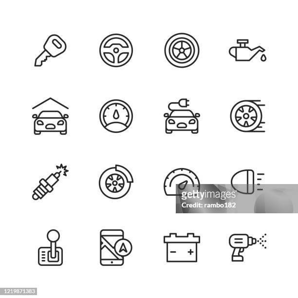 car service and auto repair shop line icons. editable stroke. pixel perfect. for mobile and web. contains such icons as car accident, mechanic, steering wheel, tire, wheel, car oil, garage, speedometer, car mirror, navigation, battery. - speedometer stock illustrations