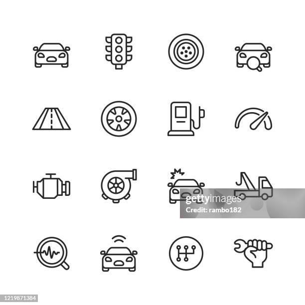 car service and auto repair shop line icons. editable stroke. pixel perfect. for mobile and web. contains such icons as car accident, mechanic, car, traffic light, tire, road, gas station, car accident, towing, car gears, gearbox, repair key. - gear stick stock illustrations