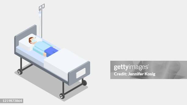 ilustraciones, imágenes clip art, dibujos animados e iconos de stock de persona enferma con mascarilla respiratoria y fiebre tumbada en la cama del hospital. virus, coronavirus. - urgencias-hospital