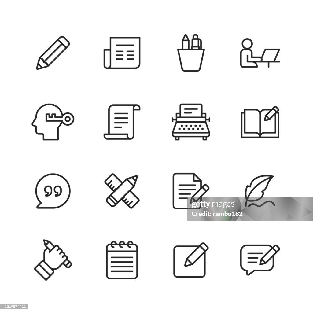 Ikoner för copywritingrad. Redigerbar linje. Pixel Perfekt. För mobil och webb. Innehåller sådana ikoner som Pencil, Newspaper, Magazine, Penna, Skriva, Läsa, Brainstorming, Kreativitet, Skrivmaskin, Marknadsföring, Bok, Anteckningsbok, Citat, Tangen