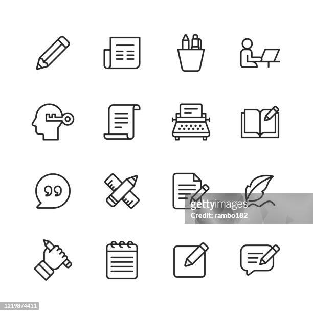 copywriting line icons. editable stroke. pixel perfect. for mobile and web. contains such icons as pencil, newspaper, magazine, pen, writing, reading, brainstorming, creativity, typewriter, marketing, book, notebook, quote, keyboard, idea, typography. - writing stock illustrations