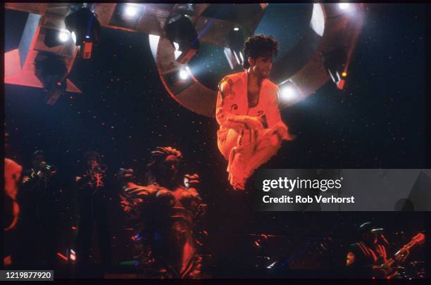 Prince performs on stage on the Diamonds & Pearls Tour, Ahoy, Rotterdam, Netherlands, 6th July 1992.