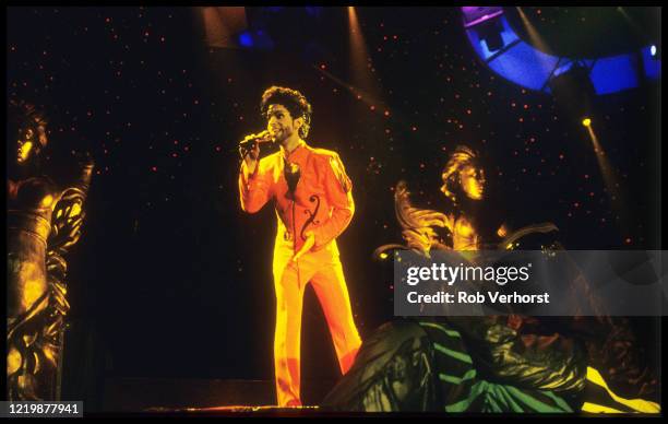 Prince performs on stage on the Diamonds & Pearls Tour, Ahoy, Rotterdam, Netherlands, 6th July 1992.