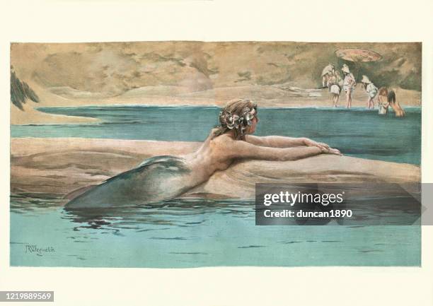 ilustrações de stock, clip art, desenhos animados e ícones de mermaid watching children play on the beach, 19th century - fine art painting