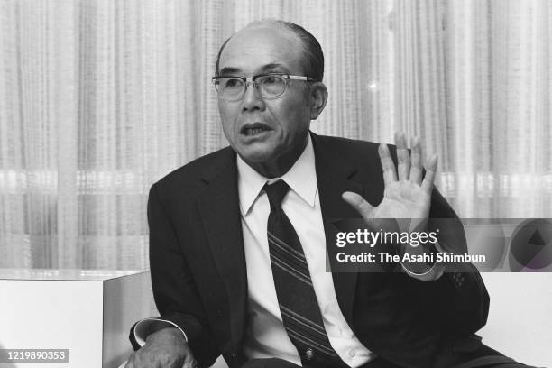 Honda Motor Co President Soichiro Honda speaks during the Asahi Shimbun interview on July 28, 1971 in Tokyo, Japan.