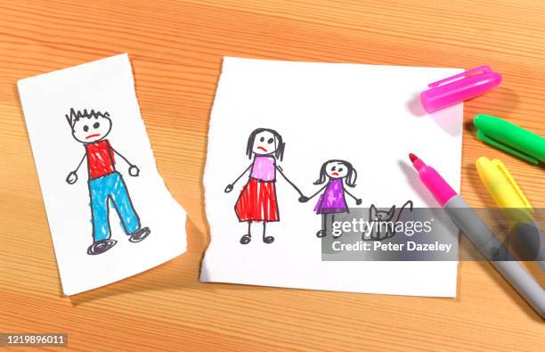 divorce - child's drawing of family with dad removed - child abuse stock pictures, royalty-free photos & images