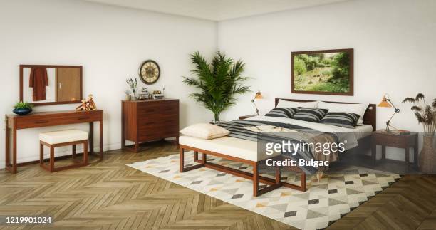 cozy scandinavian master bedroom - bureau design stock pictures, royalty-free photos & images