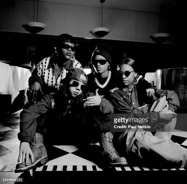 Portrait of the members of American Hip-Hop and R&B group Xscape as they pose together at the Meridian Hotel, Chicago, Illinois, November 13, 1993....
