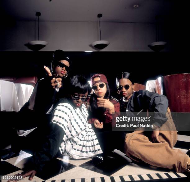 Portrait of the members of American Hip-Hop and R&B group Xscape as they pose together at the Meridian Hotel, Chicago, Illinois, November 13, 1993....