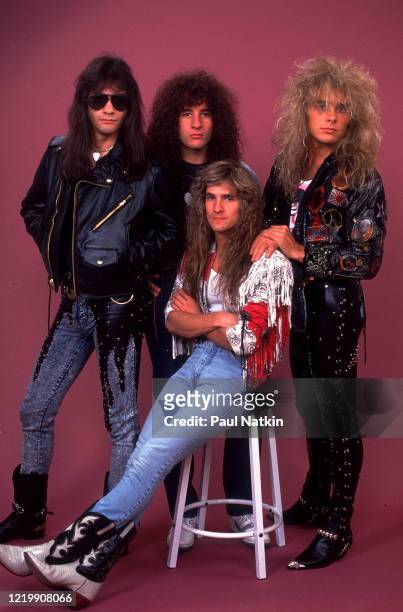 Portrait of the members of Rock group White Lion as they pose in a photo studio, Chicago, Illinois, November 1, 1987. Pictured are Mike Tramp, Vito...