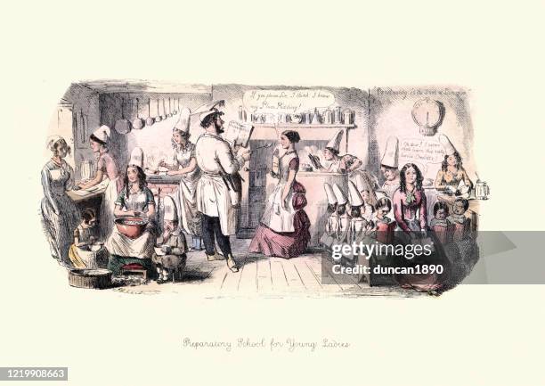 young women learning to cook in a kitchen, victorian cartoon - cookery class stock illustrations