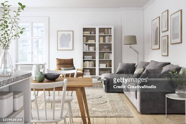 modern scandinavian living room interior - 3d render - cosy stock pictures, royalty-free photos & images