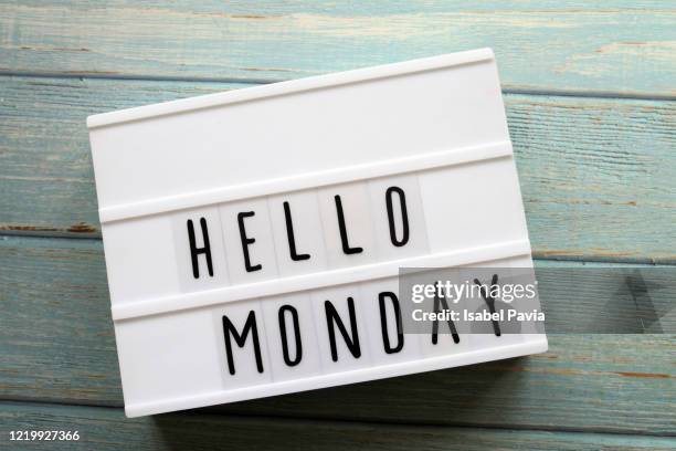 "hello monday" message in light box - lunedì foto e immagini stock