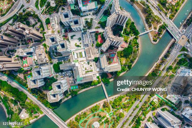 drone view of tai po new town, hong kong - small apartment building exterior stock pictures, royalty-free photos & images