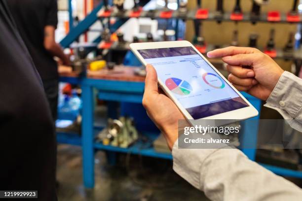 supervisor erklärt team ein tortendiagramm über digitales tablet im werk - baumarkt mitarbeiter stock-fotos und bilder