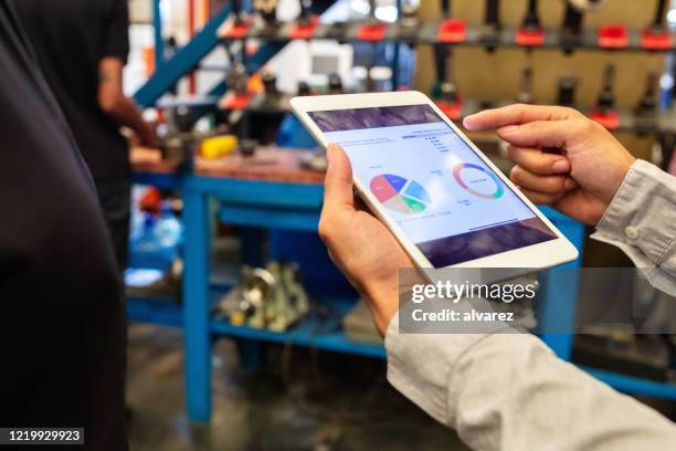 supervisor explaining a pie chart to team over digital tablet in factory - infographics business store stock pictures, royalty-free photos & images