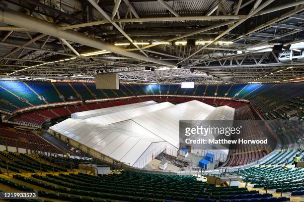 General view of the Dragon's Heart hospital within the Principality Stadium on April 20, 2020 in Cardiff, Wales. The British government has extended...