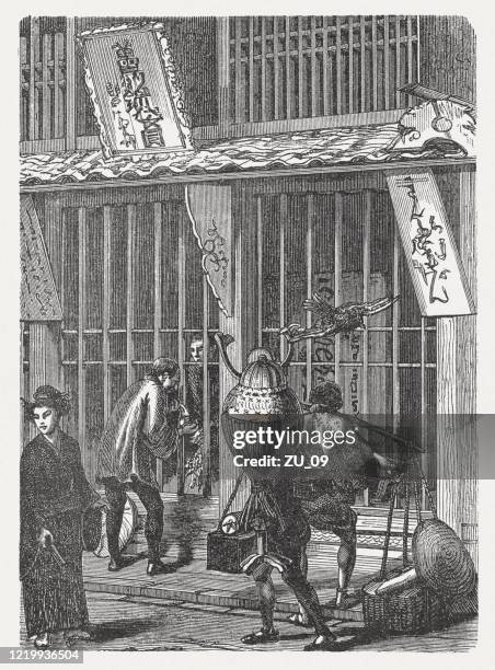 a pharmacy in tokyo, japan, wood engraving, published in 1893 - tokyo shopping stock illustrations