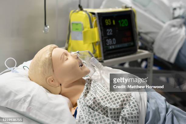 Medical training mannequins on a ward at the new Dragon's Heart Hospital on April 20, 2020 in Cardiff, Wales. The Dragon’s Heart hospital is a...