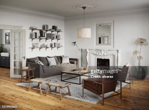 傳統風格的客廳的 3d 渲染 - carpet decor 個照片及圖片檔