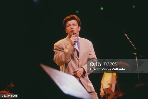 English singer, songwriter and radio personality Rick Astley performing live at the Prince's Trust Rock Concert, US, 1988.
