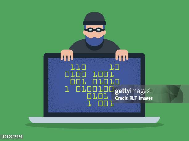 illustrazioni stock, clip art, cartoni animati e icone di tendenza di illustrazione di cyber criminale in agguato dietro computer portatile - stalker person