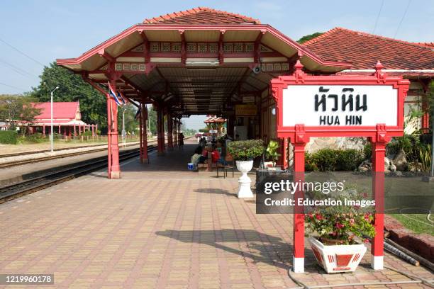 Hua Hin Railway Station platform and sign Thailand.
