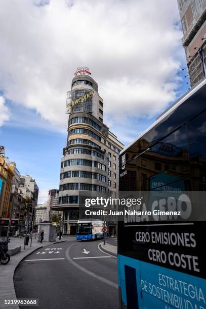 Detail of the Linea Cero Bus at Plaza Callao on April 20, 2020 in Madrid, Spain. Starting last week, some businesses deemed non-essential have been...