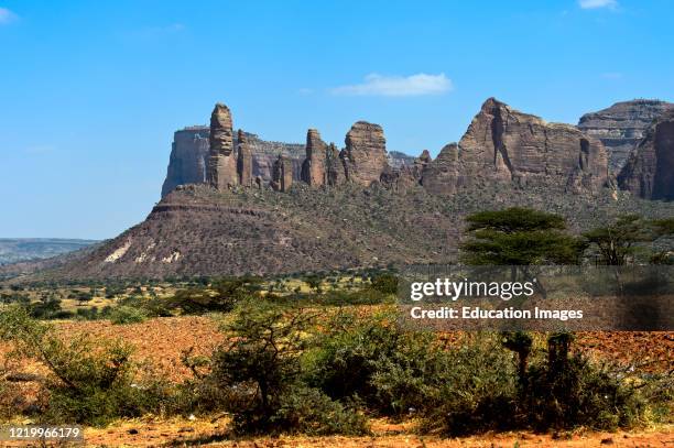 Koraro pinnacles in the Gheralta Mountain massif, home to the rock-hewn church Abuna Yemata Guh, near Hazwien, Tigray, Ethiopia.